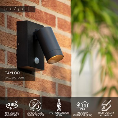 Lucide TAYLOR - Wall spotlight / Wall light Indoor/Outdoor - 1xGU10 - IP54 - Motion Sensor - Black